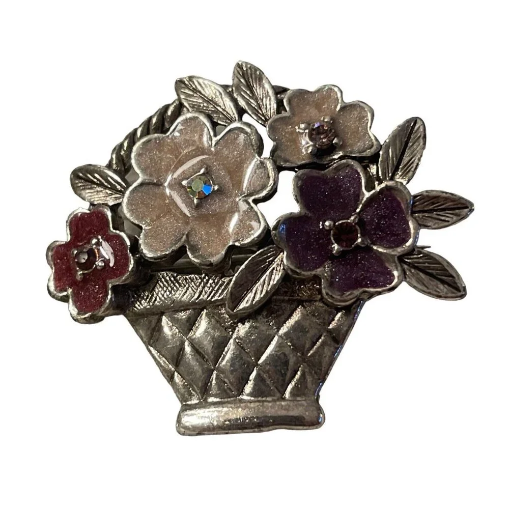 Liz Claiborne Shimmer Enamel Flower Basket Brooch w/‎ AB Rhinestones Silver Tone